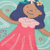 Close up of pink fairy applique on the Frugi organic cotton adventure circular long sleeve top in moss green.