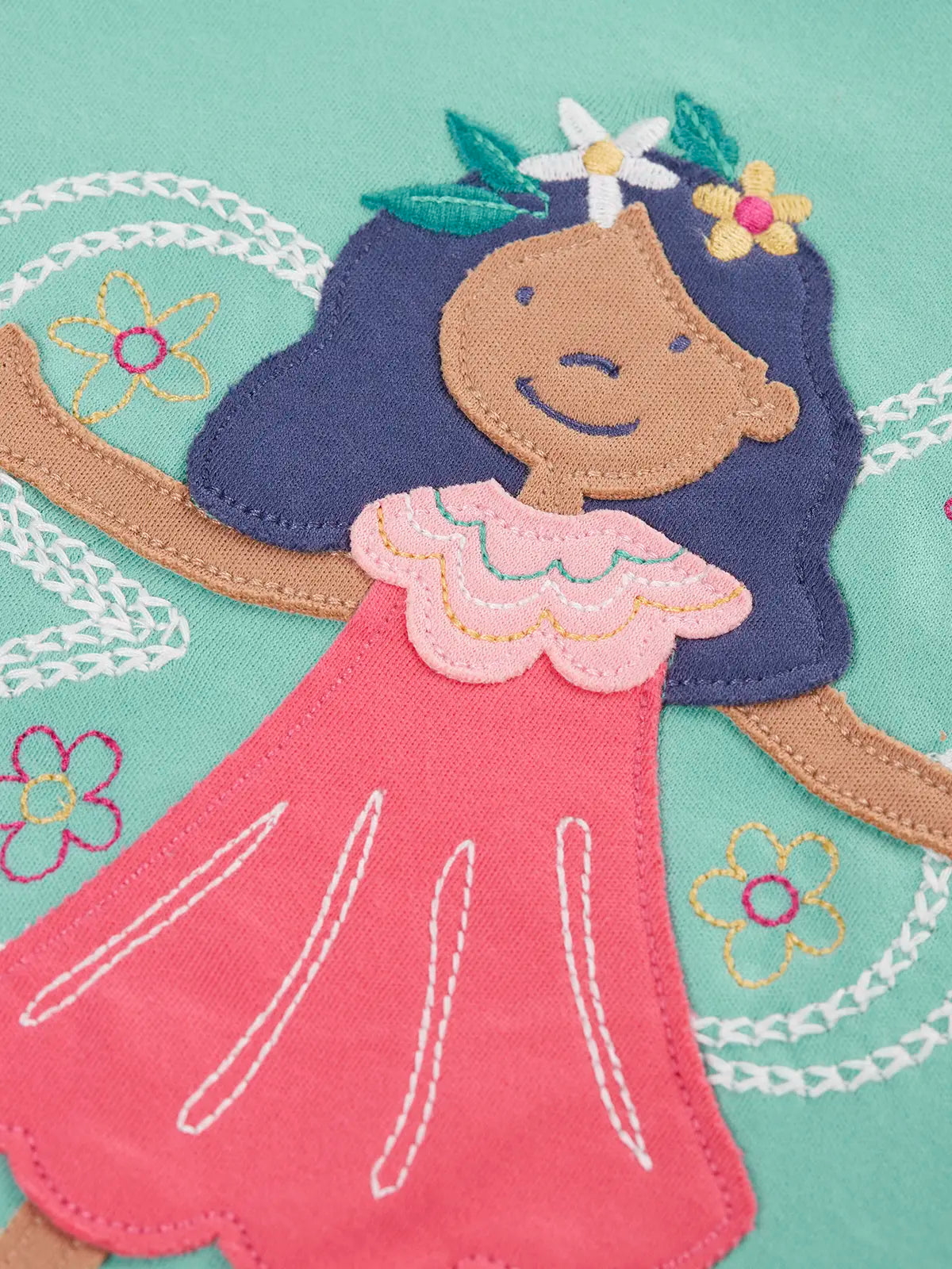 Close up of pink fairy applique on the Frugi organic cotton adventure circular long sleeve top in moss green.