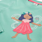 Close up of the front Frugi organic cotton adventure circular long sleeve top in moss green with fairy applique.