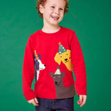 Child wearing the Frugi organic cotton adventure circular long sleeve top scarlet red with three dogs wearing party hats on the front. 