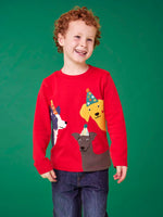 Child wearing the Frugi organic cotton adventure circular long sleeve top scarlet red with three dogs wearing party hats on the front. 