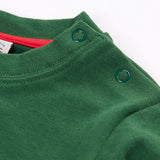 Close up of popper closure on teh shoulders of the Frugi organic cotton adventure long sleeve top in forest green with large fox applique on the front.