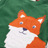 Close up of large fox applique on the Frugi organic cotton adventure long sleeve top in forest green.