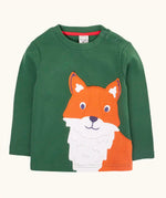 Frugi organic cotton adventure long sleeve top in forest green with large fox applique on the front with festive check trousers.