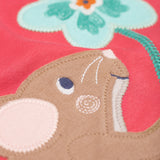 A close up of the mouse on the front of the Frugi rose pink Organic Cotton Adventure mouse Applique long sleeved children's Top. This top is a part of a wide range of organic cotton clothing for children available here at Babipur. 