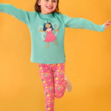 Frugi organic cotton adventure circular long sleeve top in moss green with fairy applique with pink all over fairy print leggings.