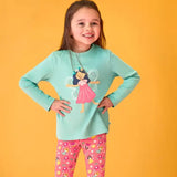 Frugi organic cotton adventure circular long sleeve top in moss green with fairy applique with pink all over fairy print leggings.