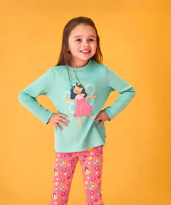 Frugi organic cotton adventure circular long sleeve top in moss green with fairy applique with pink all over fairy print leggings.