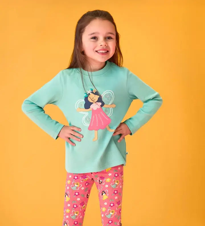 Frugi organic cotton adventure circular long sleeve top in moss green with fairy applique with pink all over fairy print leggings.