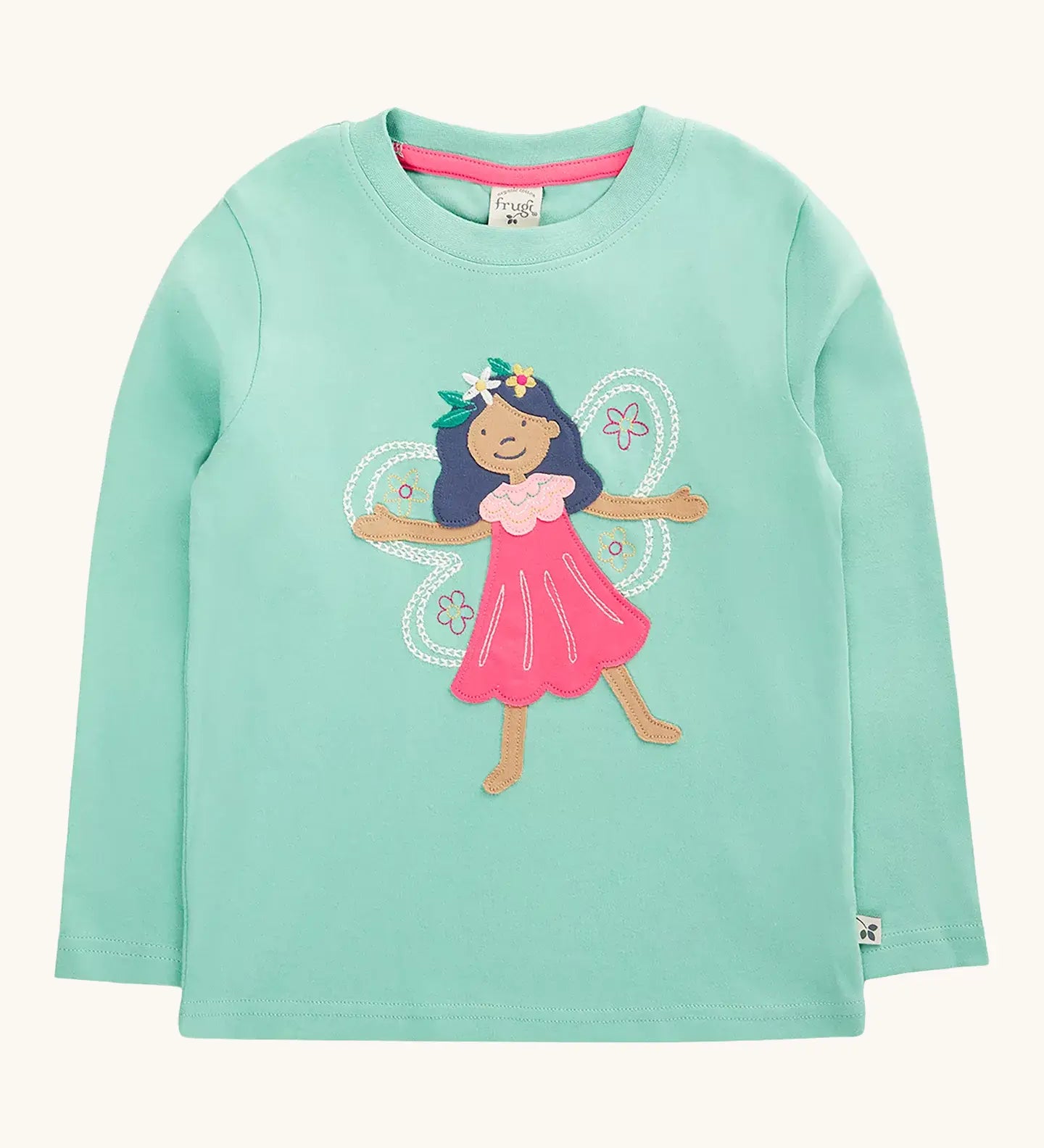 Frugi organic cotton adventure circular long sleeve top in moss green with fairy applique.
