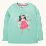 Frugi organic cotton adventure circular long sleeve top in moss green with fairy applique.