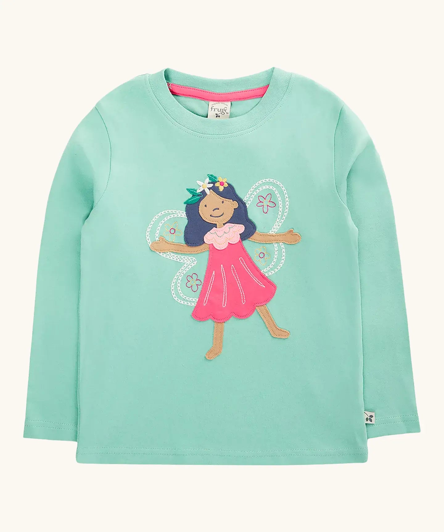 Frugi organic cotton adventure circular long sleeve top in moss green with fairy applique.