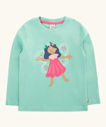Frugi organic cotton adventure circular long sleeve top in moss green with fairy applique.