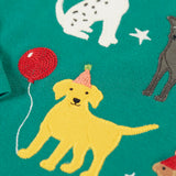 Close up of the yellow labrador applique with embrodered party hatand  balloon detail on the Frugi organic cotton anna pet Paw-Ty long sleeve children's top. 