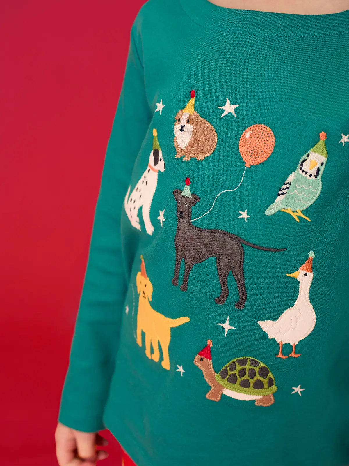 Close up of child wearing the Frugi organic cotton anna pet Paw-Ty appliqué long sleeve children's top. Green top with applique dogs, guinea pig, budgie, goose and tortoise wearing party hats and balloons and star sparkle details. 