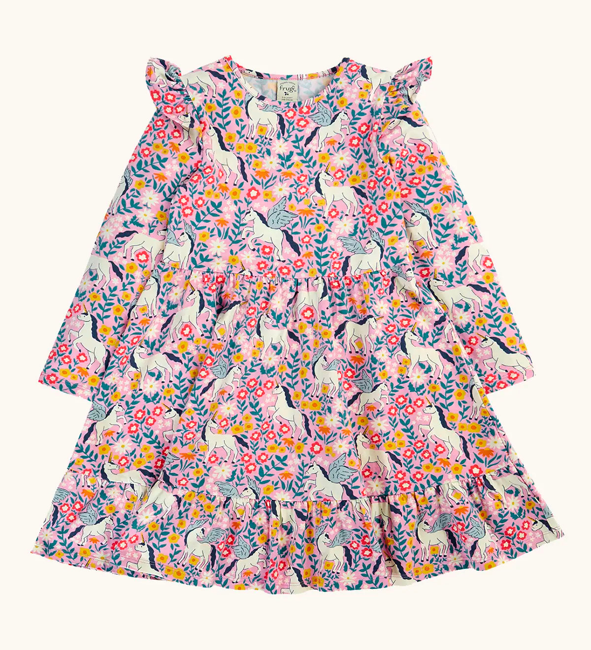 Frugi organic cotton annika skater dress with floral flight print and frilled shoulders. All over print featuring pegasus, flowers and foliage. 