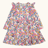 Frugi organic cotton annika skater dress with floral flight print and frilled shoulders. All over print featuring pegasus, flowers and foliage. 