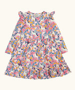 Frugi organic cotton annika skater dress with floral flight print and frilled shoulders. All over print featuring pegasus, flowers and foliage. 
