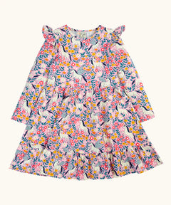 Frugi organic cotton annika skater dress with floral flight print and frilled shoulders. All over print featuring pegasus, flowers and foliage. 