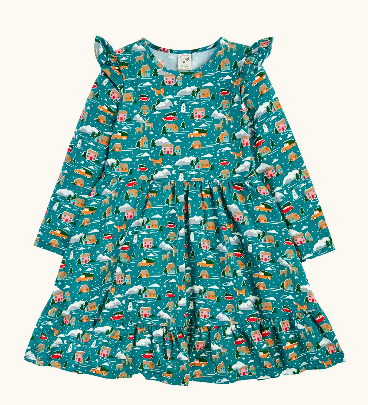 Frugi organic cotton annika skater dress with winter drives print. All over print featuring houses, campers, snow topped mountains, snowman and trees in a festive scene. 