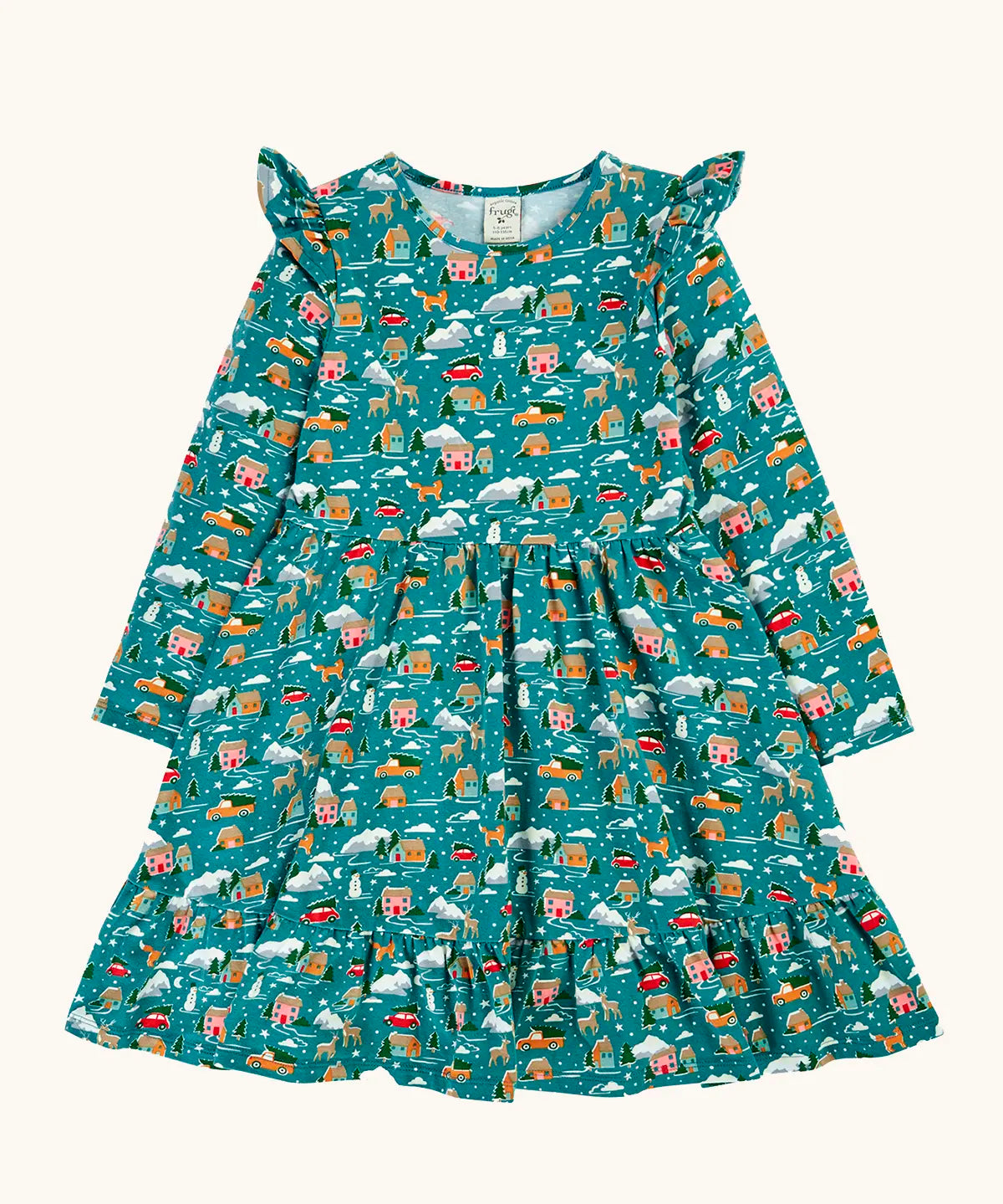 Frugi organic cotton annika skater dress with winter drives print. All over print featuring houses, campers, snow topped mountains, snowman and trees in a festive scene. 