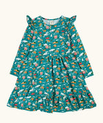Frugi organic cotton annika skater dress with winter drives print. All over print featuring houses, campers, snow topped mountains, snowman and trees in a festive scene. 