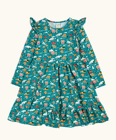 Frugi organic cotton annika skater dress with winter drives print. All over print featuring houses, campers, snow topped mountains, snowman and trees in a festive scene. 