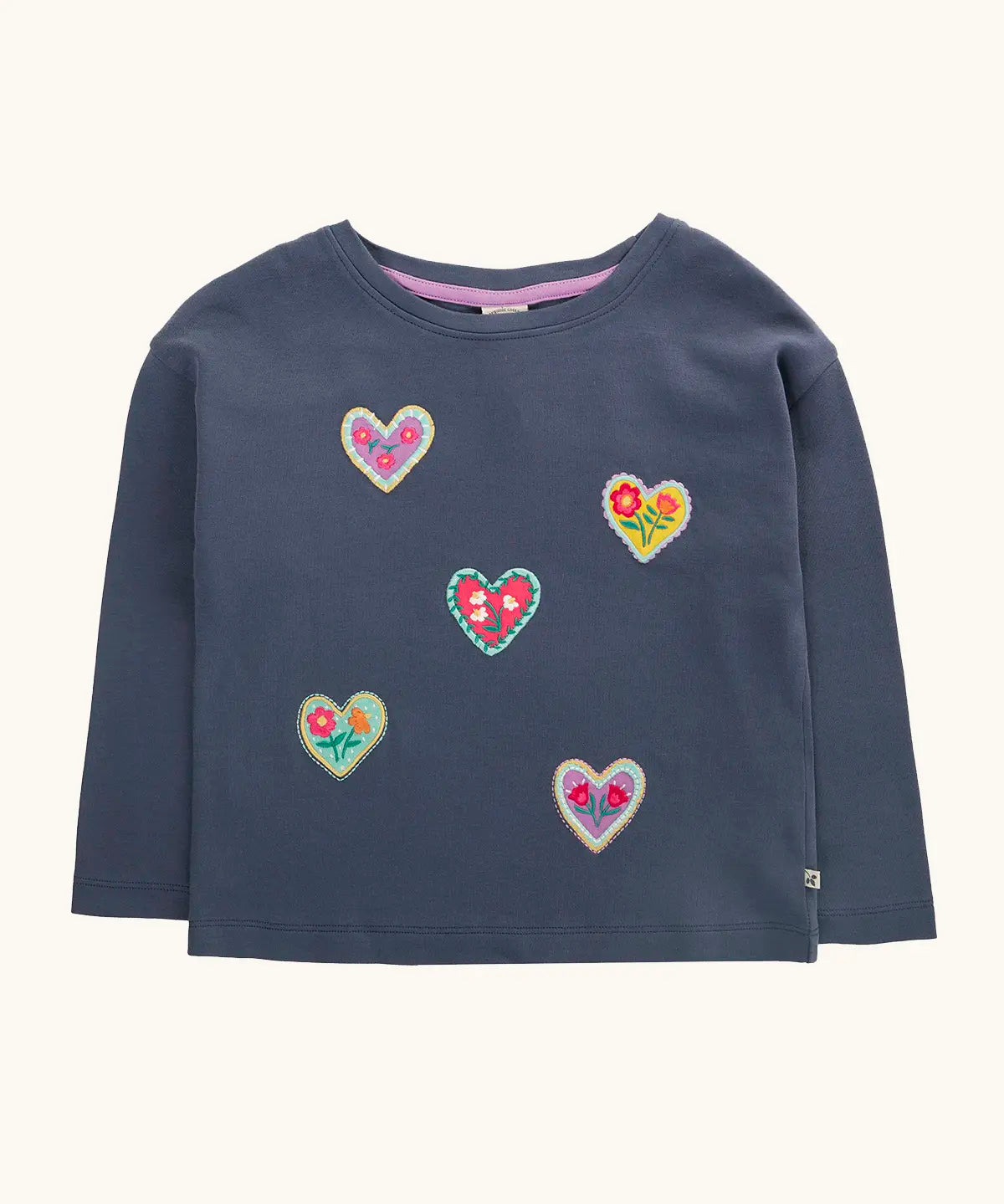 Frugi bethany organic cotton long sleeved child's navy top with heart applies with floral embroidery details.