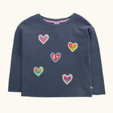 Frugi bethany organic cotton long sleeved child's navy top with heart applies with floral embroidery details.