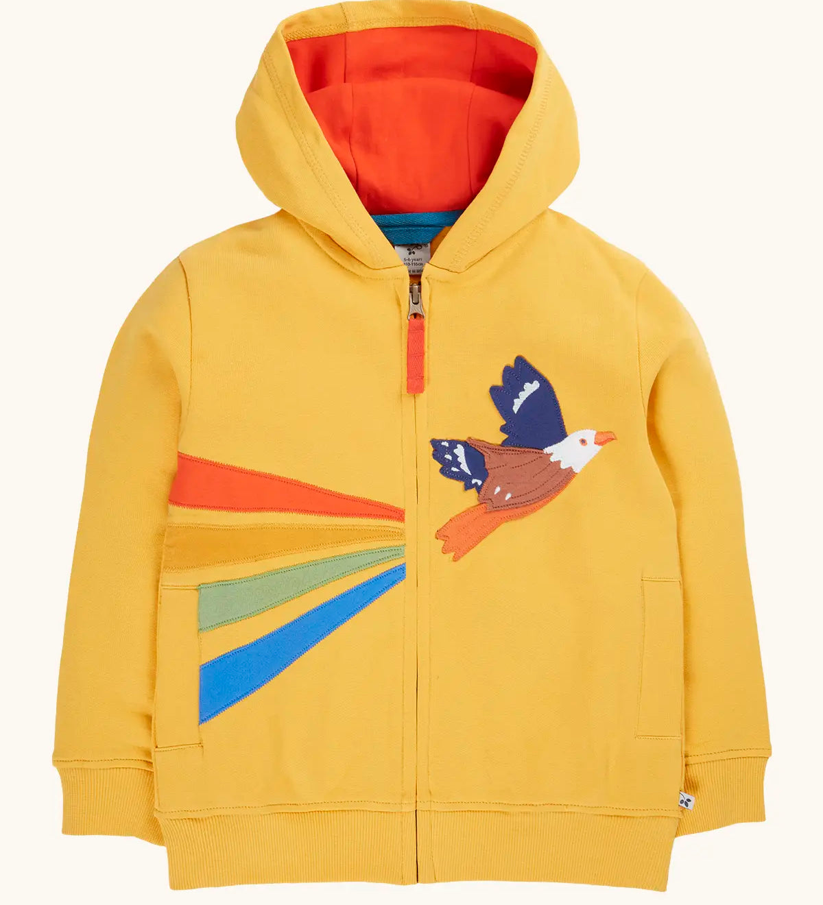 Frugi organic cotton blaire zip hoodie in bumblebee yellow with eagle applique, orange hood lining and cotton zip pull.