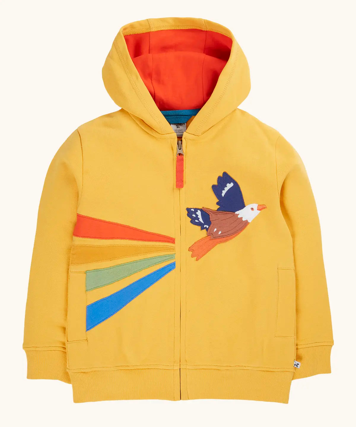 Frugi organic cotton blaire zip hoodie in bumblebee yellow with eagle applique, orange hood lining and cotton zip pull.