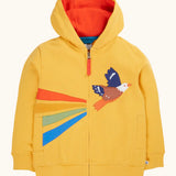 Frugi organic cotton blaire zip hoodie in bumblebee yellow with eagle applique, orange hood lining and cotton zip pull.