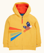 Frugi organic cotton blaire zip hoodie in bumblebee yellow with eagle applique, orange hood lining and cotton zip pull.