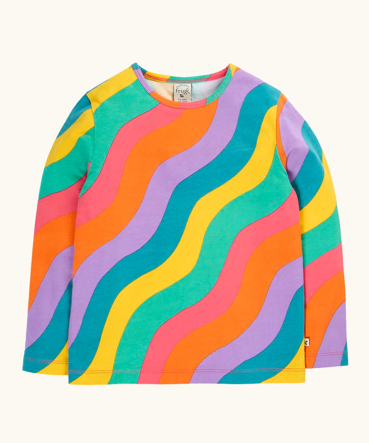 Frugi rainbow ric rac organic cotton bryher top. Long sleeved kids top with yellow, blue, lilac, orange, pink and green ric rac stripes. 