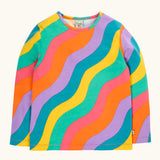 Frugi rainbow ric rac organic cotton bryher top. Long sleeved kids top with yellow, blue, lilac, orange, pink and green ric rac stripes. 