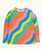 Frugi rainbow ric rac organic cotton bryher top. Long sleeved kids top with yellow, blue, lilac, orange, pink and green ric rac stripes. 