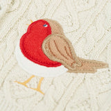 Close up of a robin applique on the Frugi organic cotton natural cream cable knit baby cardigan.