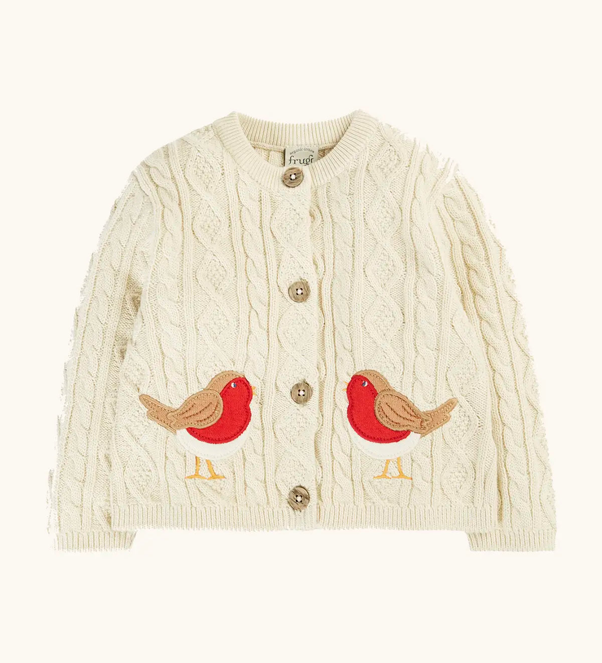 Frugi organic cotton natural cream cable knit baby cardigan with robin appliques.