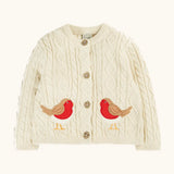 Frugi organic cotton natural cream cable knit baby cardigan with robin appliques.