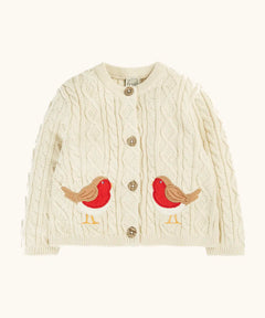 Frugi organic cotton natural cream cable knit baby cardigan with robin appliques.