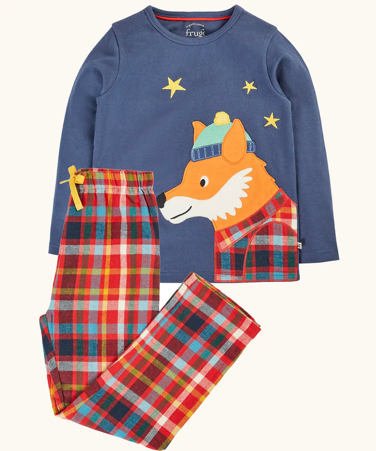 Frugi organic cotton caden check festive fox pyjamas. Long sleeved navy top with fox applique with multi coloured check trousers. 