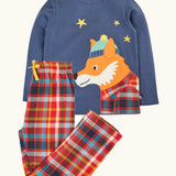 Frugi organic cotton caden check festive fox pyjamas. Long sleeved navy top with fox applique with multi coloured check trousers. 