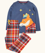 Frugi organic cotton caden check festive fox pyjamas. Long sleeved navy top with fox applique with multi coloured check trousers. 