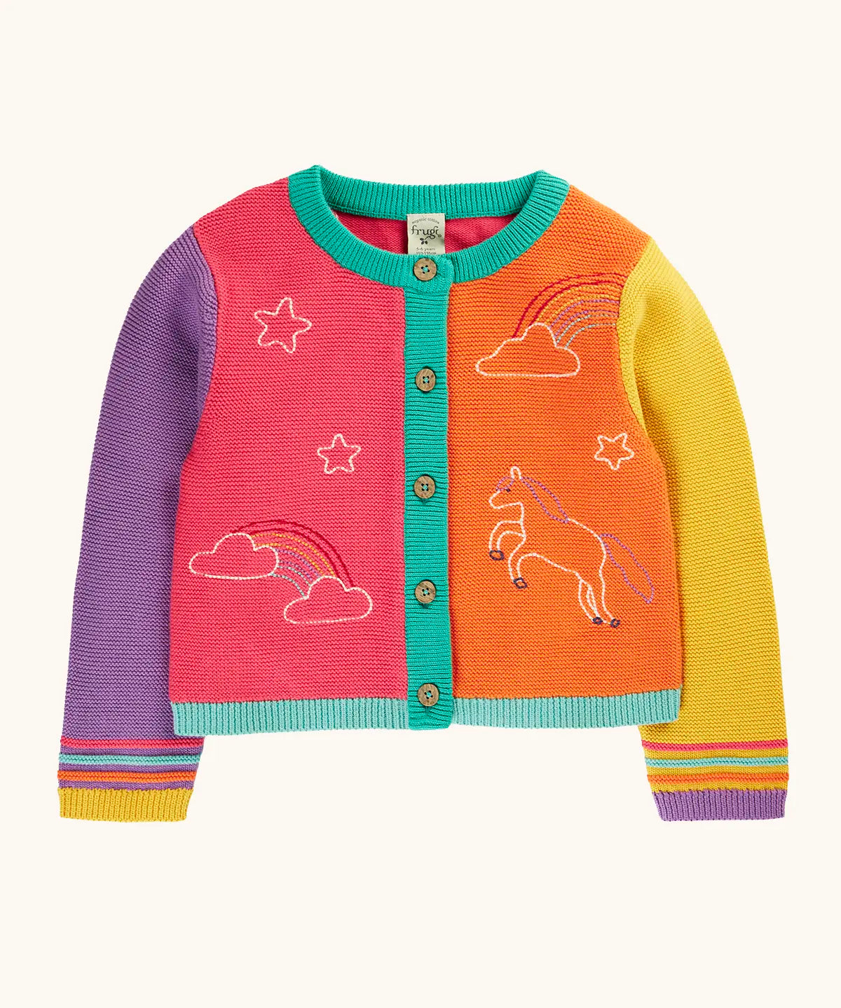 Frugi organic cotton cammie cardigan with a hotchpotch unicorn design. One purple, one yellow arm, half orange and half pink body with turquoise trim with rainbow stripes on the arms cuffs.