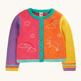 Frugi organic cotton cammie cardigan with a hotchpotch unicorn design. One purple, one yellow arm, half orange and half pink body with turquoise trim with rainbow stripes on the arms cuffs.