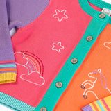 Close up of the Frugi organic cotton cammie cardigan with a hotchpotch unicorn design. White star, clouds and unicorn outlines details on the front.