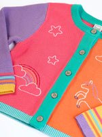 Close up of the Frugi organic cotton cammie cardigan with a hotchpotch unicorn design. White star, clouds and unicorn outlines details on the front.