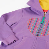 Frugi organic cotton purple periwinkle carbis zipped children's hoodie with multicoloured embroidered heart design on the front and yellow lined hood. 
