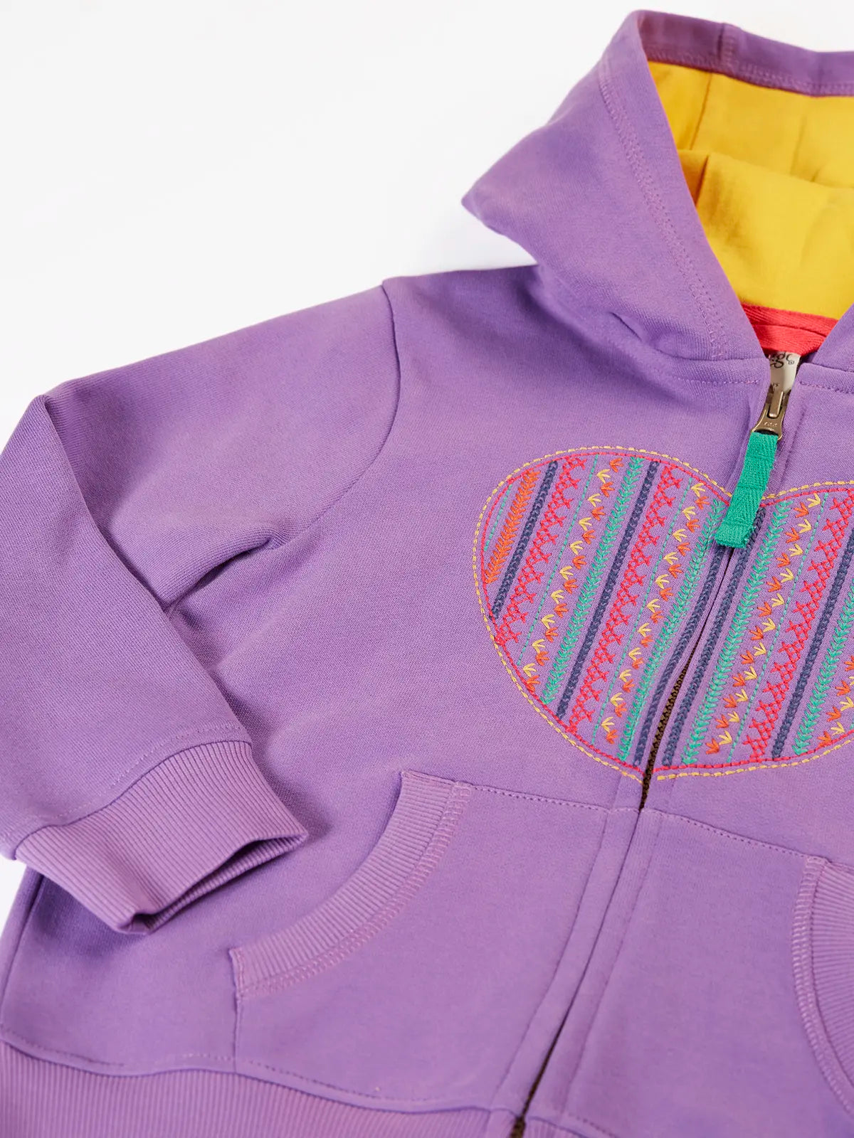 Frugi organic cotton purple periwinkle carbis zipped children's hoodie with multicoloured embroidered heart design on the front and yellow lined hood. 