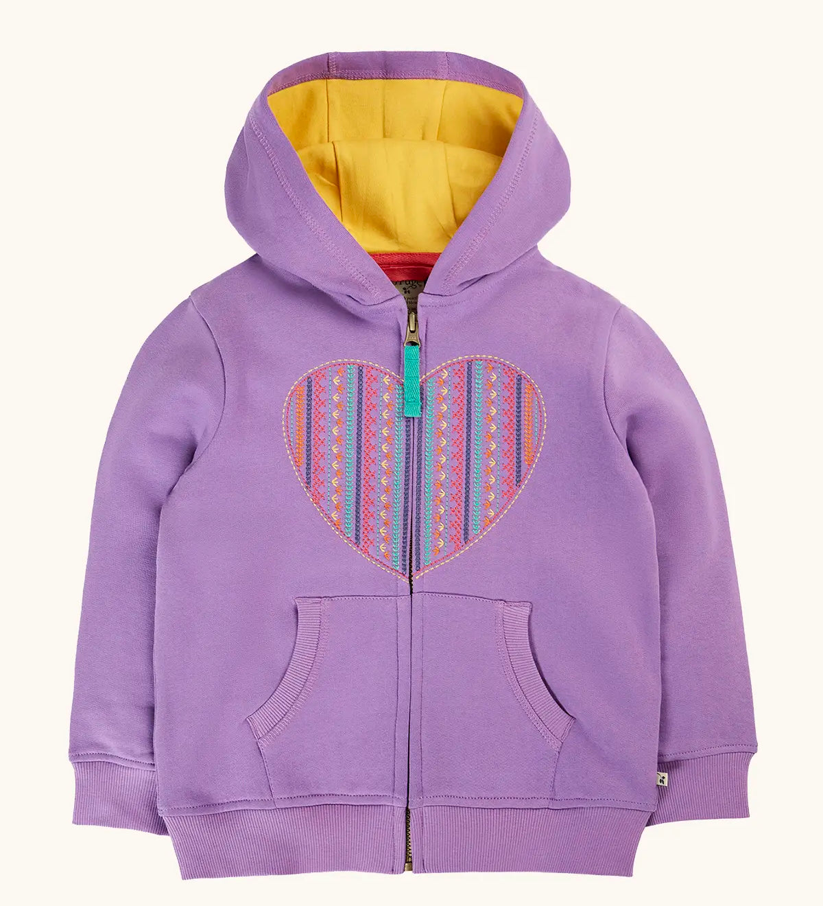 Frugi organic cotton purple periwinkle carbis zipped children's hoodie with multicoloured embroidered heart design on the front and yellow lined hood. 